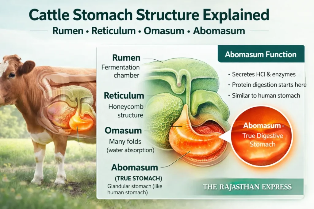 Cattle stomach structure diagram showing four compartments: rumen fermentation chamber, reticulum honeycomb structure, omasum many folds, and abomasum as true glandular stomach secreting HCl and enzymes.