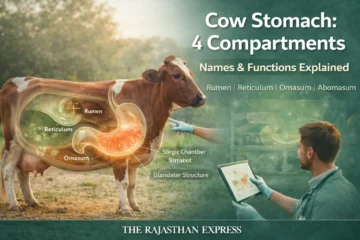 Diagram of cow stomach showing four compartments – rumen, reticulum, omasum, and abomasum – with names and functions explained for ruminant digestion.