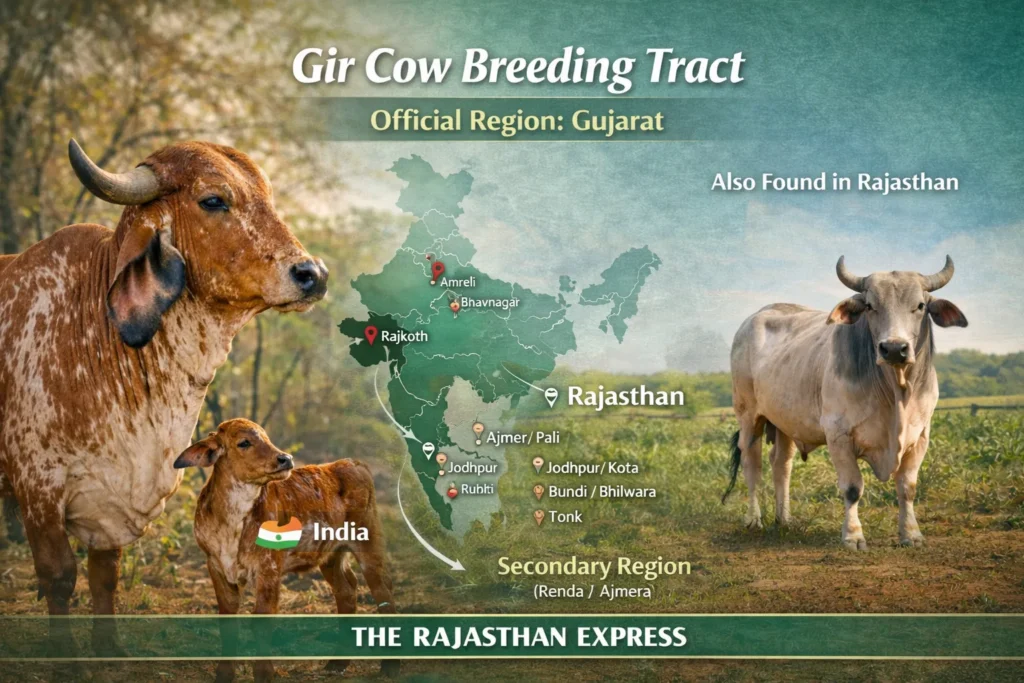 Map showing Gir cow breeding tract: official region Gujarat (Amreli, Bhavnagar, Rajkot) and secondary region Rajasthan (Ajmer, Pali, Jodhpur, Kota, Bundi, Bhilwara, Tonk).