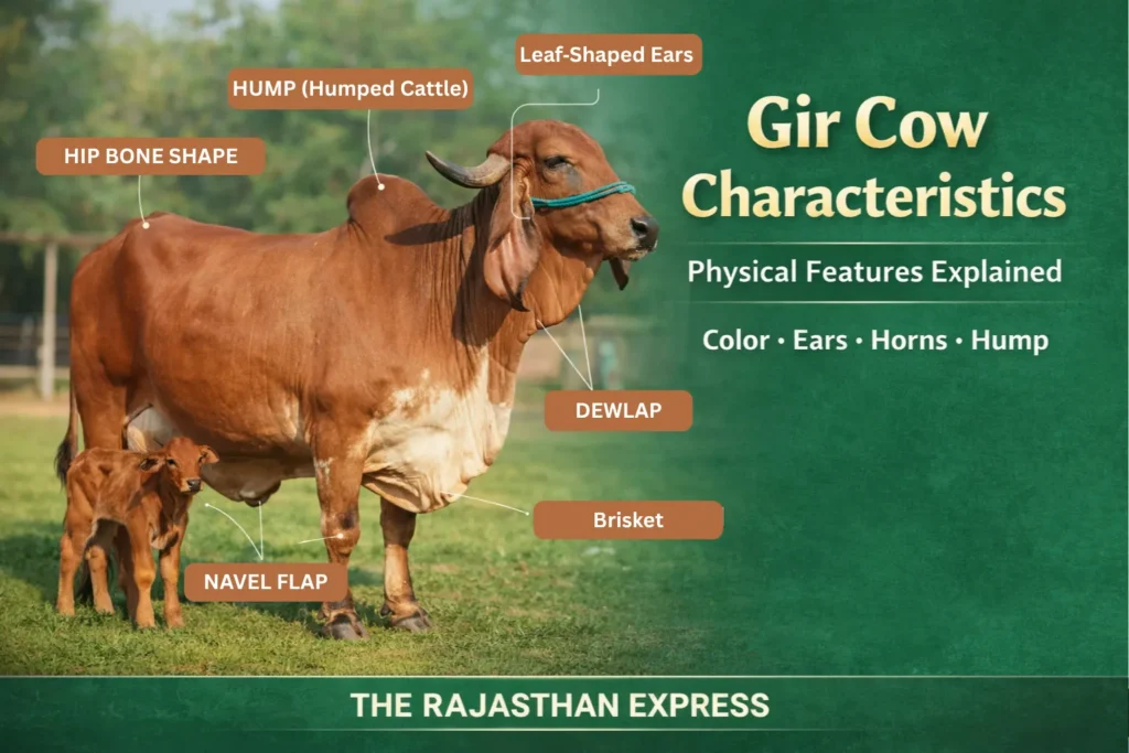 Gir cow characteristics diagram showing physical features: color, leaf-shaped ears, half-moon horns, hump, dewlap, brisket, navel flap, and hip bone shape.
