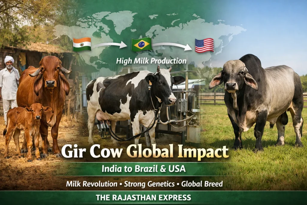 Gir cow global impact map showing export from India to Brazil and USA, milk revolution, strong genetics making it a global breed.