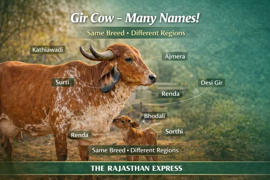Gir cow one breed many names showing Kathiawadi, Ajmera, Surti, Desi Gir, Renda, Bhodali, Sorthi – same breed different regional names.