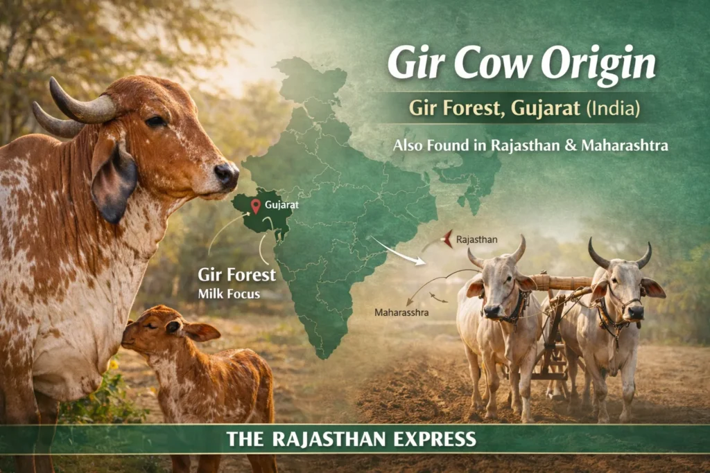 Gir cow origin map showing Gir Forest, Gujarat as native tract, also found in Rajasthan and Maharashtra with milk focus.