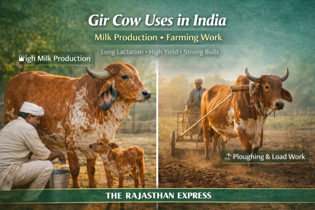 Gir cow uses in India showing high milk production, long lactation, high yield, and strong bulls for ploughing and load work.