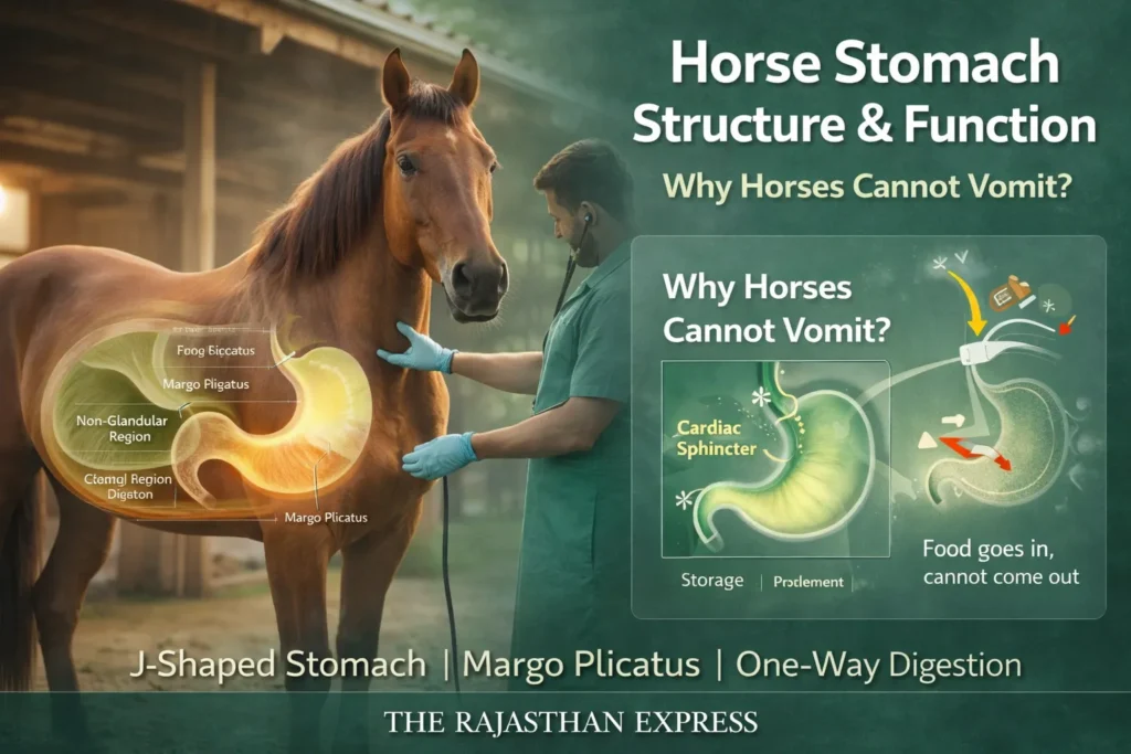 Horse stomach structure showing J-shaped stomach, margo plicatus, and cardiac sphincter that prevents vomition, creating one-way digestion in equines.