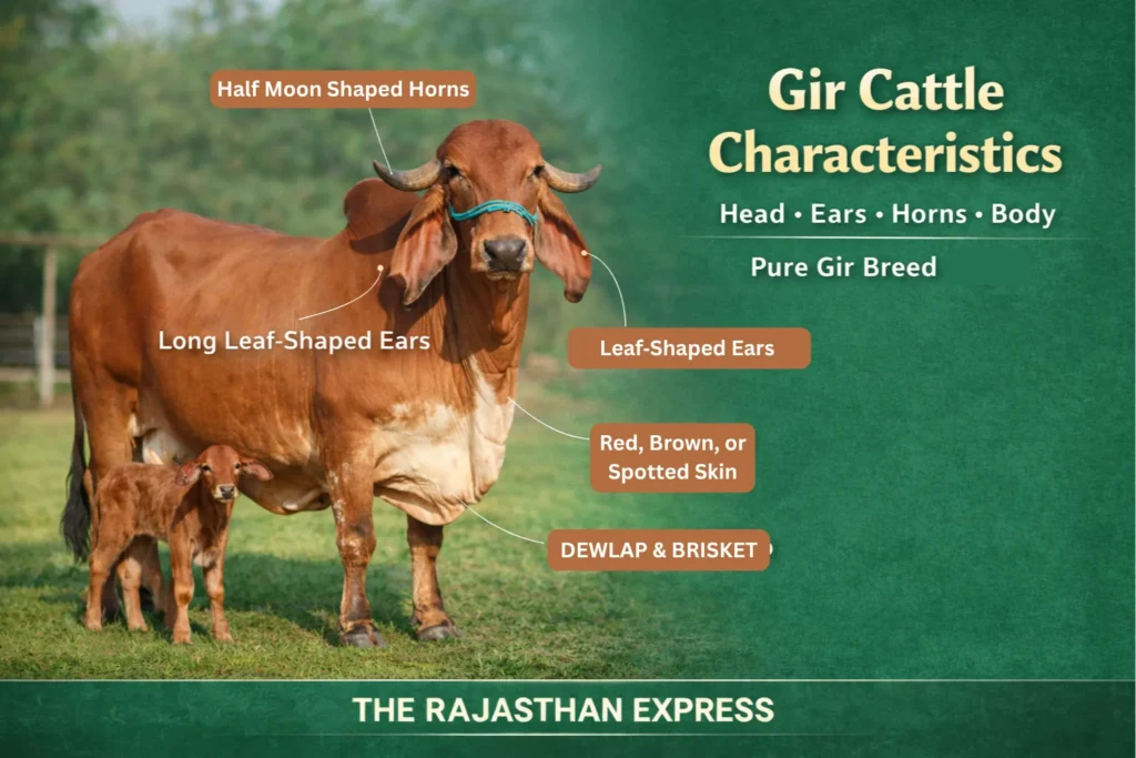 How to identify Gir cow showing half-moon shaped horns, long leaf-shaped ears, red-brown spotted skin, and prominent dewlap and brisket of pure Gir breed.