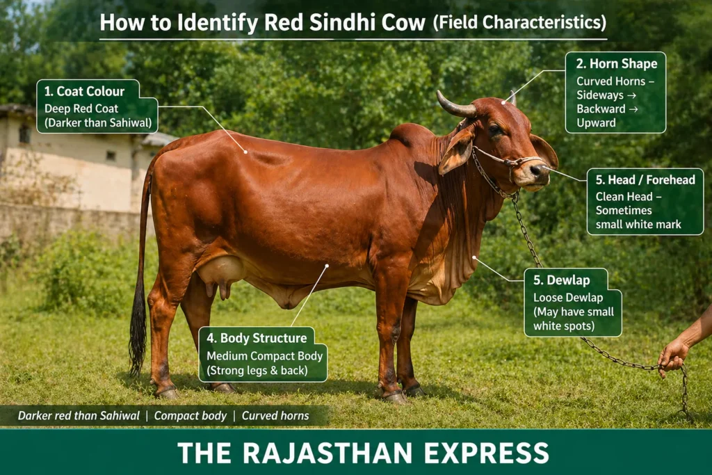 Identification guide for Red Sindhi cow showing deep red coat, curved horn shape (sideways, backward, upward), clean head with small white mark, medium compact body, and loose dewlap with white spots.