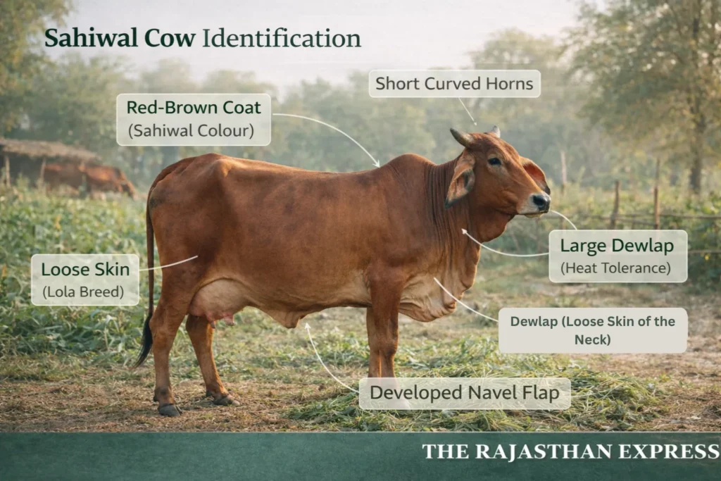 How to identify Sahiwal cow showing identification features: red-brown coat colour, short curved horns, loose skin, large dewlap for heat tolerance, and developed navel flap.