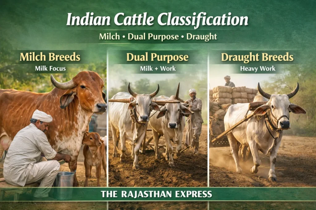 Classification of Indian cattle showing three types: Milch breeds (milk focus), Dual purpose breeds (milk+work), and Draught breeds (heavy work).