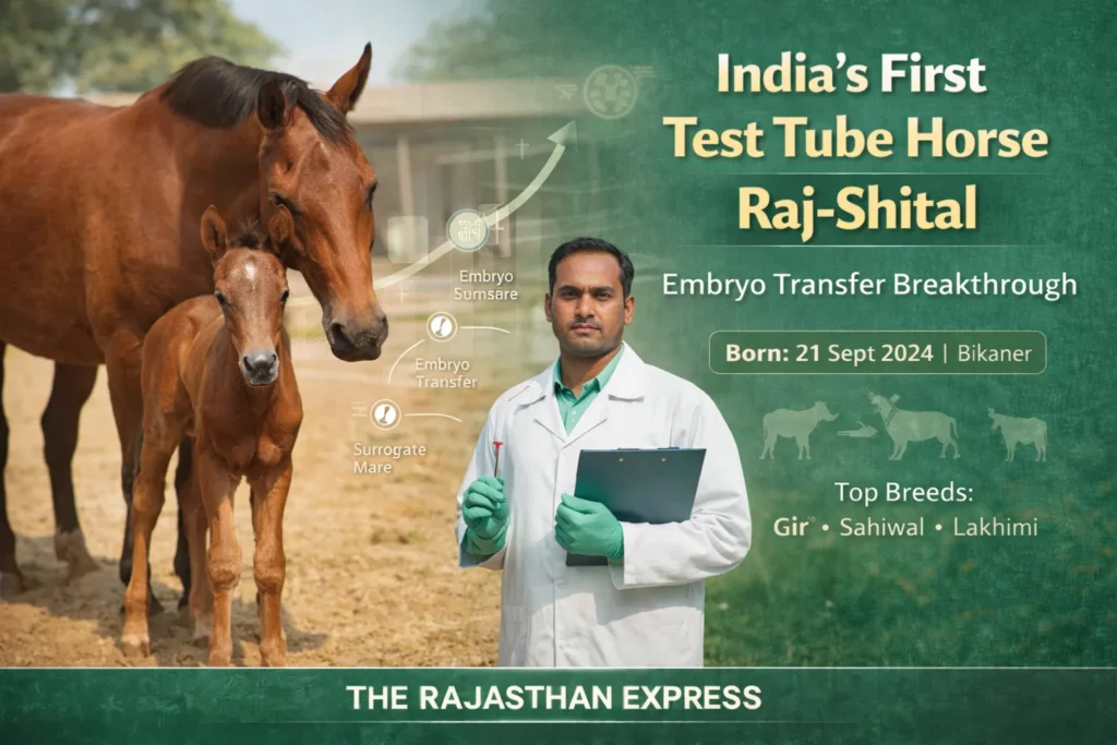 India’s first test tube horse Raj-Shital, embryo transfer breakthrough born September 21, 2024 in Bikaner, with top breeds Gir, Sahiwal, Lakhimi.