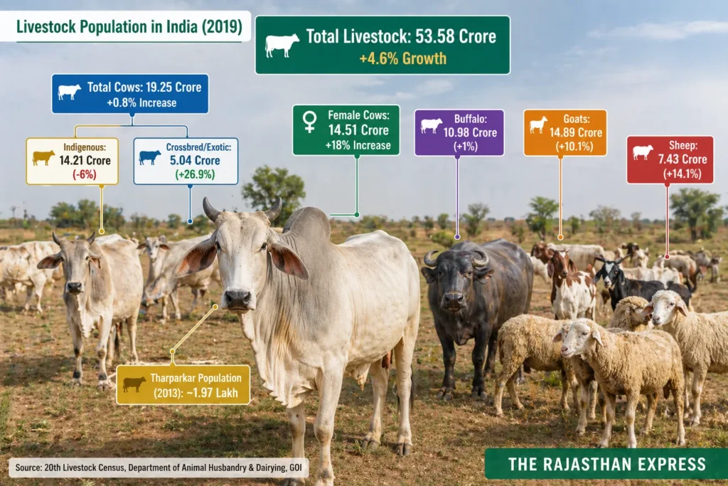 Infographic showing livestock population in India 2019: total cows 19.25 crore, female cows 14.51 crore, buffalo 10.98 crore, goats 14.89 crore, sheep 7.43 crore, and Tharparkar population 1.97 lakh in 2013.