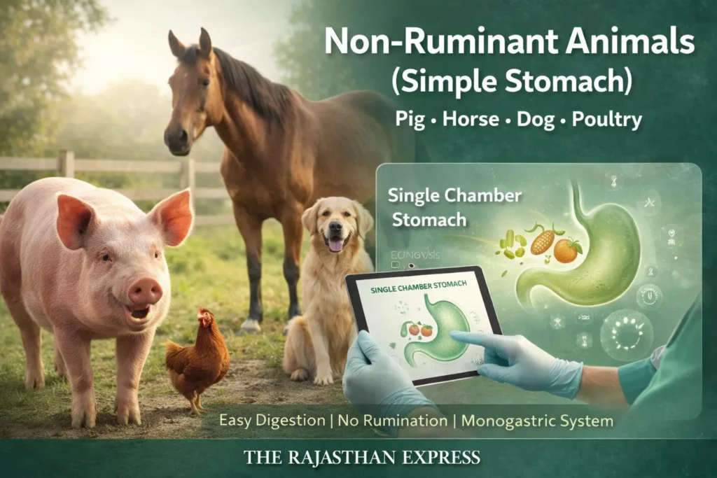 Non-ruminant animals showing simple stomach (monogastric) structure in pig, horse, dog, and poultry with single chamber for easy digestion without rumination.