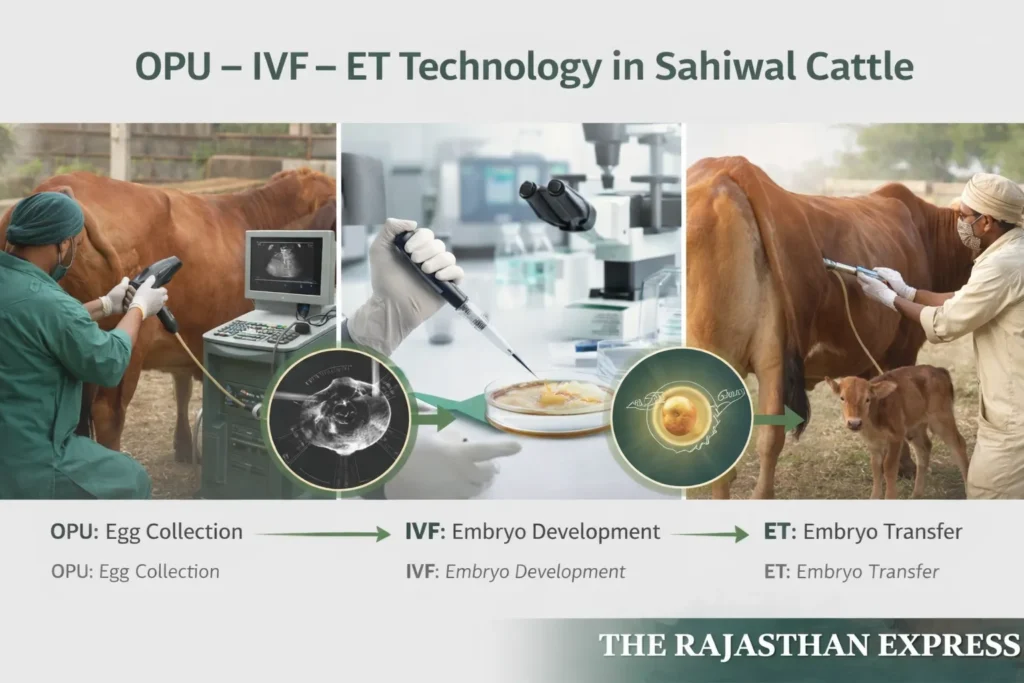 OPU-IVF-ET technology in Sahiwal cow showing three steps: OPU egg collection from ovary, IVF embryo development in lab, and ET embryo transfer into recipient cow.