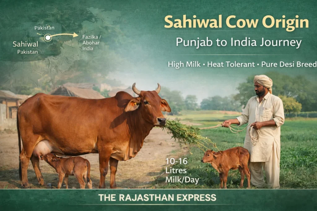 Map showing origin of Sahiwal cow from Punjab region (Pakistan) to Fazilka and Abohar in India, with milk production 10-16 litres per day.