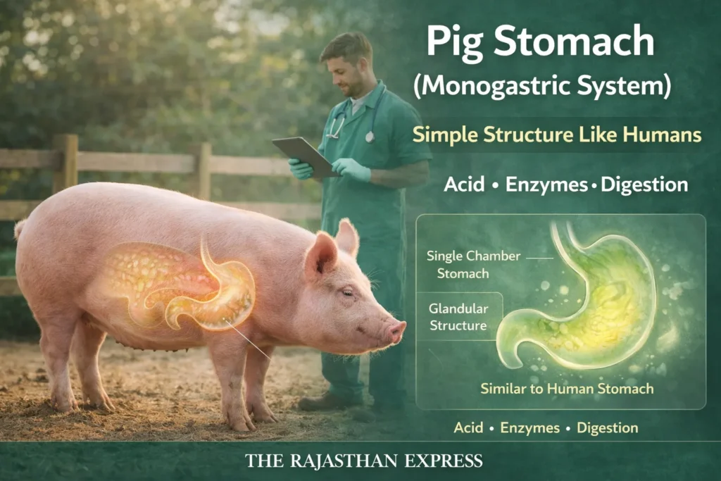 Pig stomach diagram showing monogastric system with single chamber, glandular structure similar to human stomach, secreting acid and enzymes for digestion.