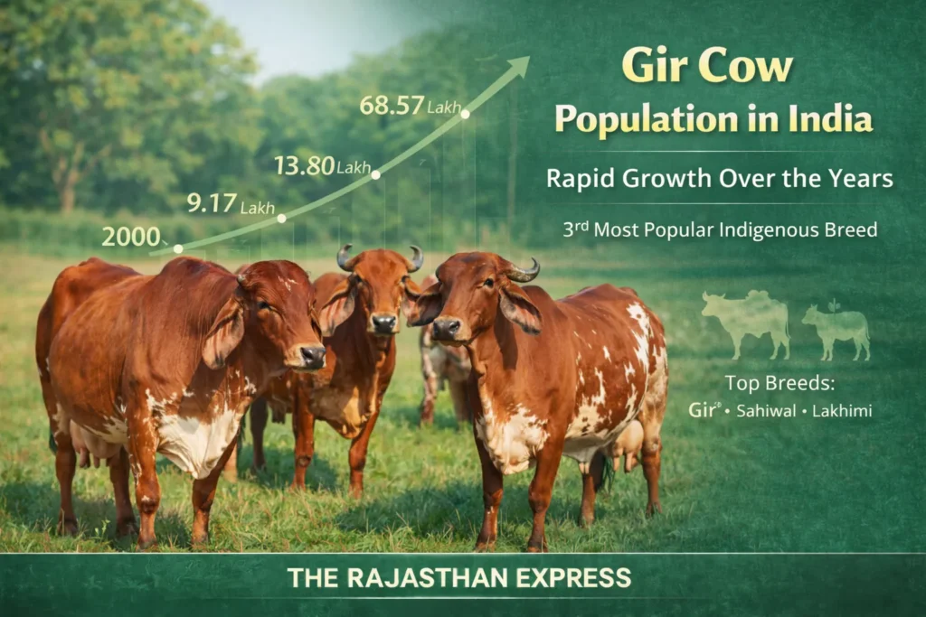Population growth chart of Gir cow in India showing rapid increase, ranking as 3rd most popular indigenous breed after Sahiwal and Lakhimi.