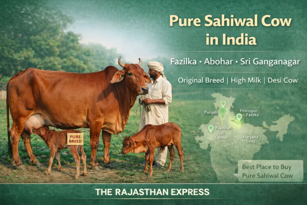 Pure Sahiwal cow on Punjab farm showing original breed locations: Fazilka, Abohar, Sri Ganganagar, Firozpur, and Sirsa as best places to buy.