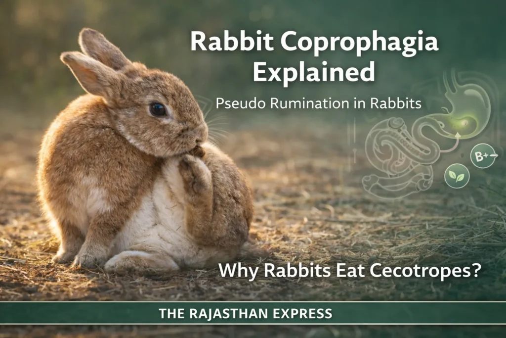 Rabbit pseudo rumination explained showing coprophagia – why rabbits eat cecotropes for nutrient absorption, a unique digestive adaptation in rabbits.