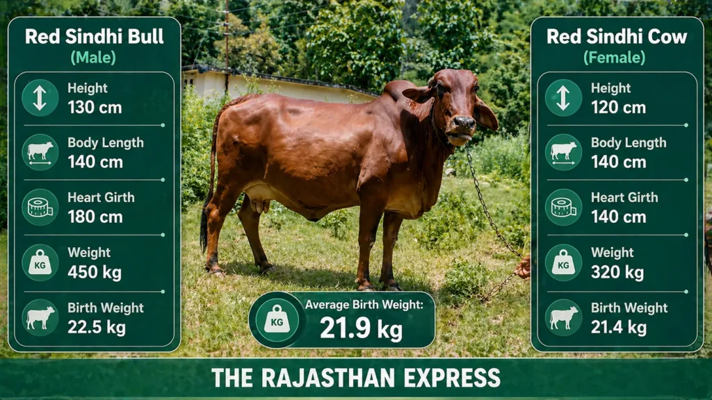 Comparison chart of Red Sindhi bull and cow: bull weight 450 kg, height 130 cm, body length 140 cm, heart girth 180 cm, birth weight 22.5 kg; cow weight 320 kg, height 120 cm, body length 140 cm, heart girth 140 cm, birth weight 21.4 kg.