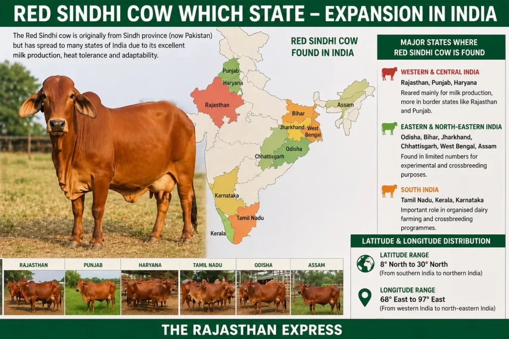 Map showing Red Sindhi cow distribution across Indian states: Punjab, Haryana, Rajasthan, Assam, Bihar, Jharkhand, West Bengal, Odisha, Chhattisgarh, Karnataka, Tamil Nadu, Kerala – from western to north-eastern India.