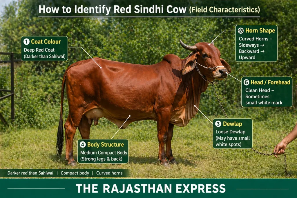Field characteristics of Red Sindhi cow: deep red coat, curved horn shape (sideways, backward, upward), clean head with possible small white mark, medium compact body with strong legs and back, loose dewlap with white spots.