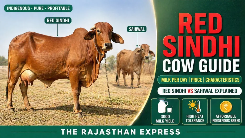 Cover image for Red Sindhi cow guide showing indigenous pure profitable breed. Red Sindhi vs Sahiwal comparison. Good milk yield, high heat tolerance, affordable indigenous breed.