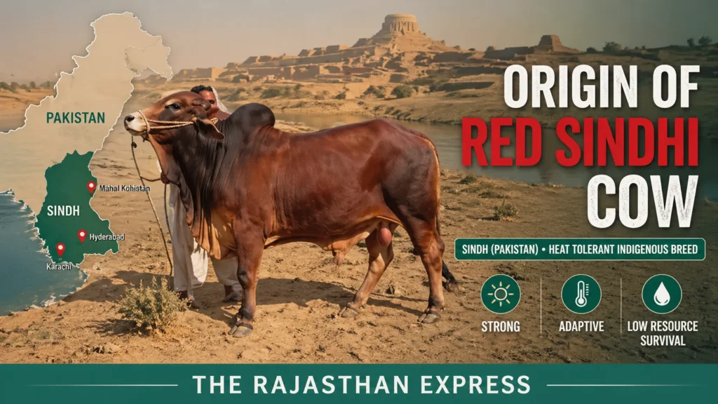 Background graphic with text about Red Sindhi cow history: originated in Sindh province, Pakistan, Indus Valley region, heat tolerant, disease resistant, economical, intelligent. Exported to Australia, Brazil, America. Now found in India.