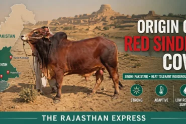 Background graphic with text about Red Sindhi cow history: originated in Sindh province, Pakistan, Indus Valley region, heat tolerant, disease resistant, economical, intelligent. Exported to Australia, Brazil, America. Now found in India.