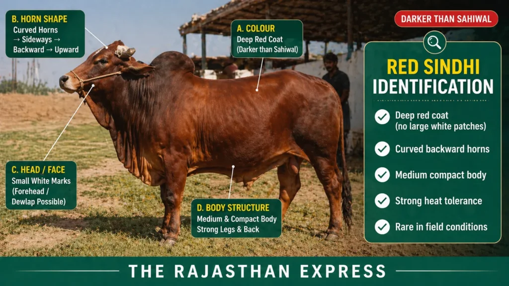 Key characteristics of Red Sindhi cow: deep red coat (darker than Sahiwal), curved horns sideways→backward→upward, medium compact body with strong legs and back, small white marks on forehead or dewlap possible.
