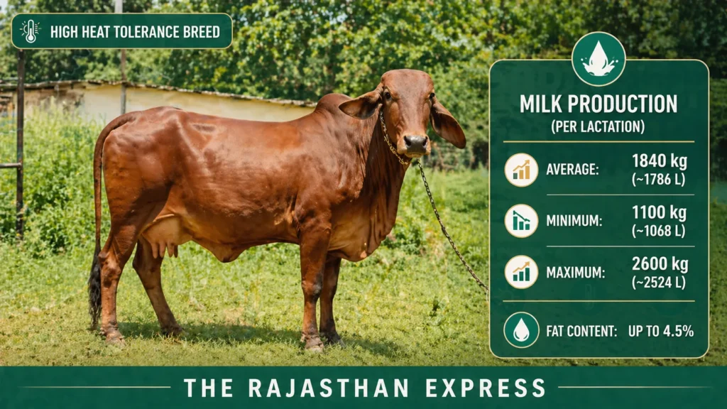 Milk production data for Red Sindhi cow: average 1,840 kg per lactation (≈1,786 litres), minimum 1,100 kg, maximum 2,600 kg, fat content up to 4.5%. High heat tolerance breed.