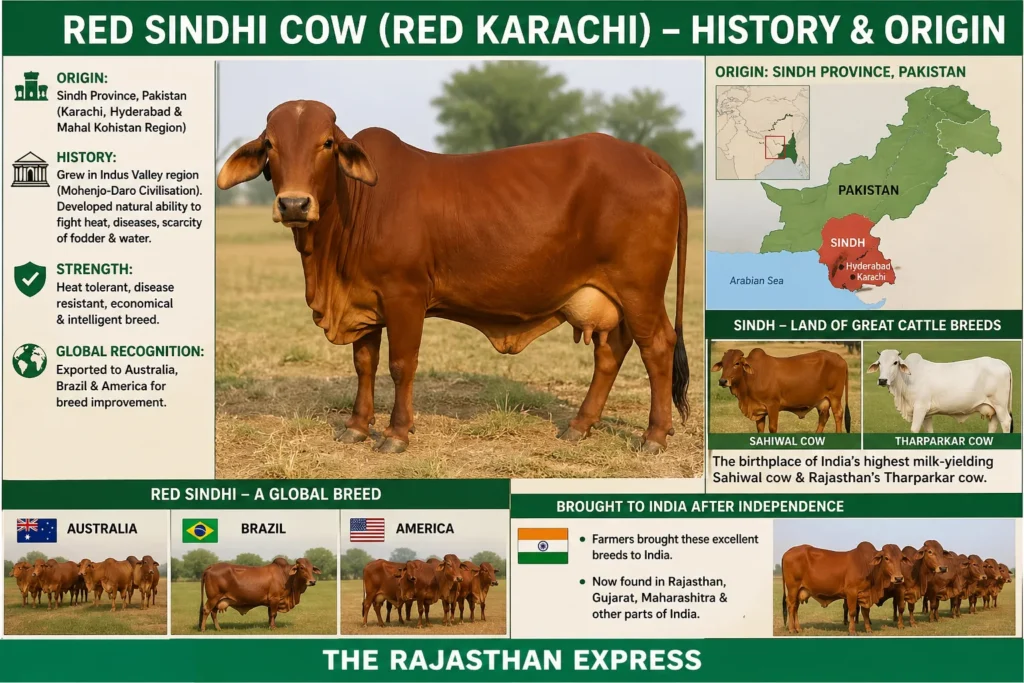 Map showing Red Sindhi cow origin in Sindh province, Pakistan (Karachi, Hyderabad, Mahal Kohistan region). History from Indus Valley civilisation. Exported to Australia, Brazil, America. Brought to India after Independence, now found in Rajasthan, Gujarat, Maharashtra.