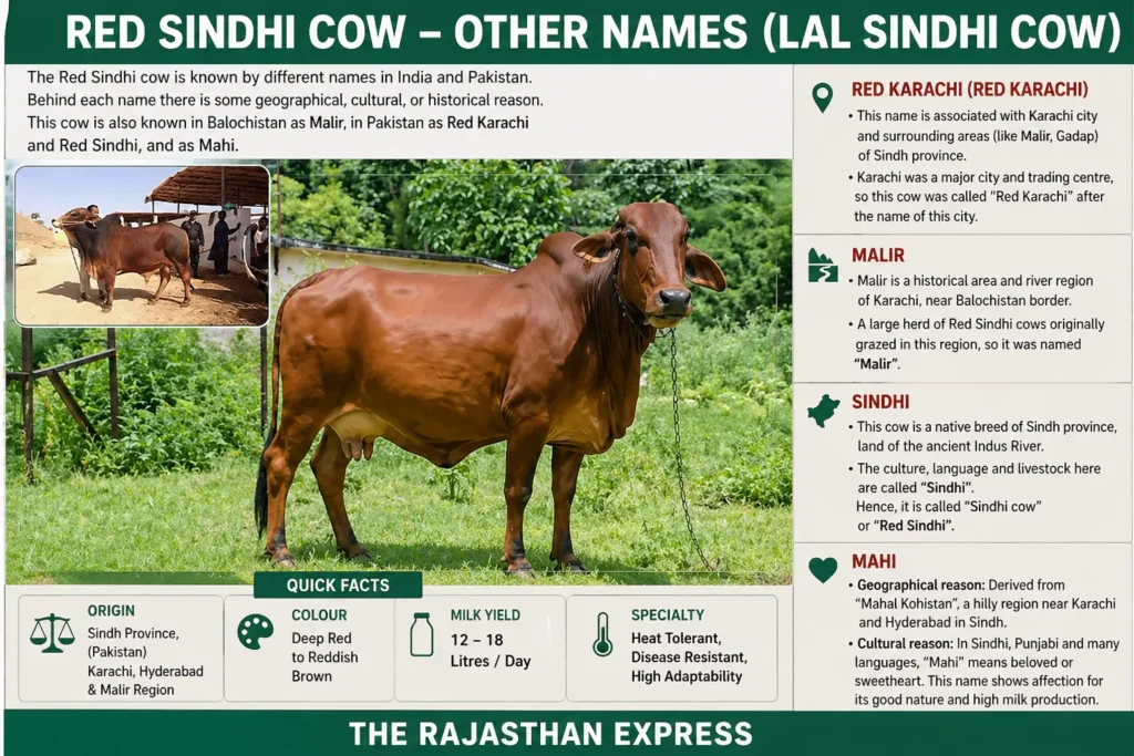 Infographic showing other names of Red Sindhi cow: Malir, Red Karachi, Mahi (Mahal Kohistan), Sindhi. Origin Sindh province, Pakistan. Deep red to reddish brown colour, 12-18 litres milk per day, heat tolerant, disease resistant.