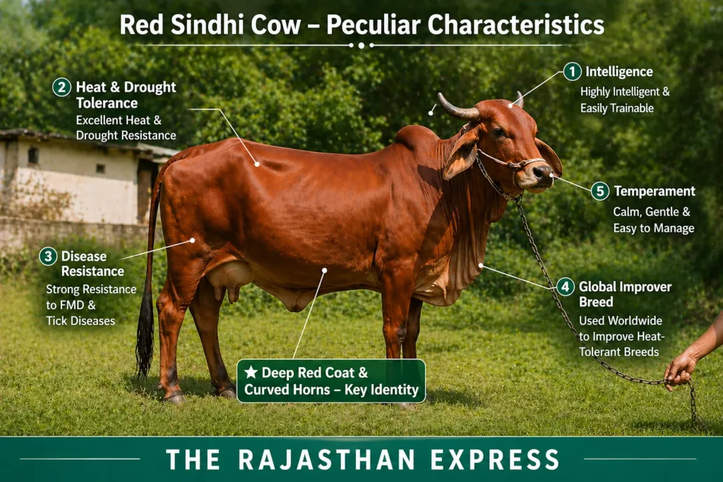 Infographic of Red Sindhi cow peculiar characteristics: intelligence (easily trainable), heat and drought tolerance, disease resistance (FMD, ticks), global improver breed used worldwide, calm and gentle temperament. Deep red coat and curved horns as key identity.