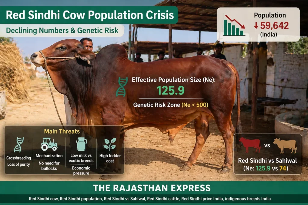 Infographic showing Red Sindhi cow population crisis: India population 59,642, effective population size 125.9 in genetic risk zone (Ne
