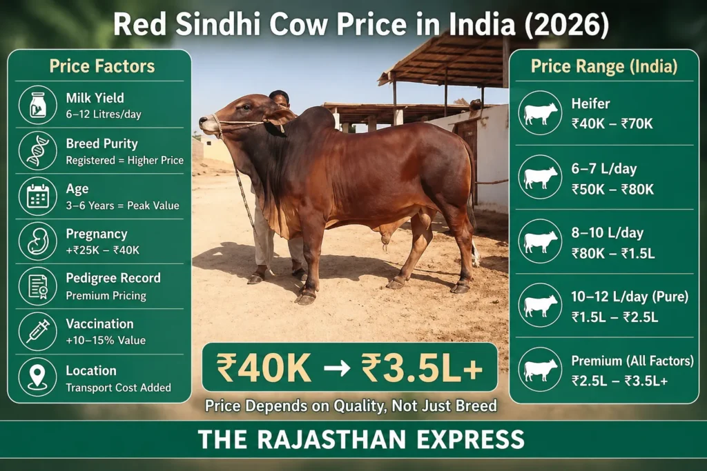 Price breakdown for Red Sindhi cow in India 2026: range ₹40,000 to ₹3.5 lakh+. Factors include milk yield (6-12 litres/day), breed purity, age (3-6 years peak), pregnancy bonus (+₹25-40k), pedigree record, vaccination (+10-15%), location. Price categories from heifer to premium.