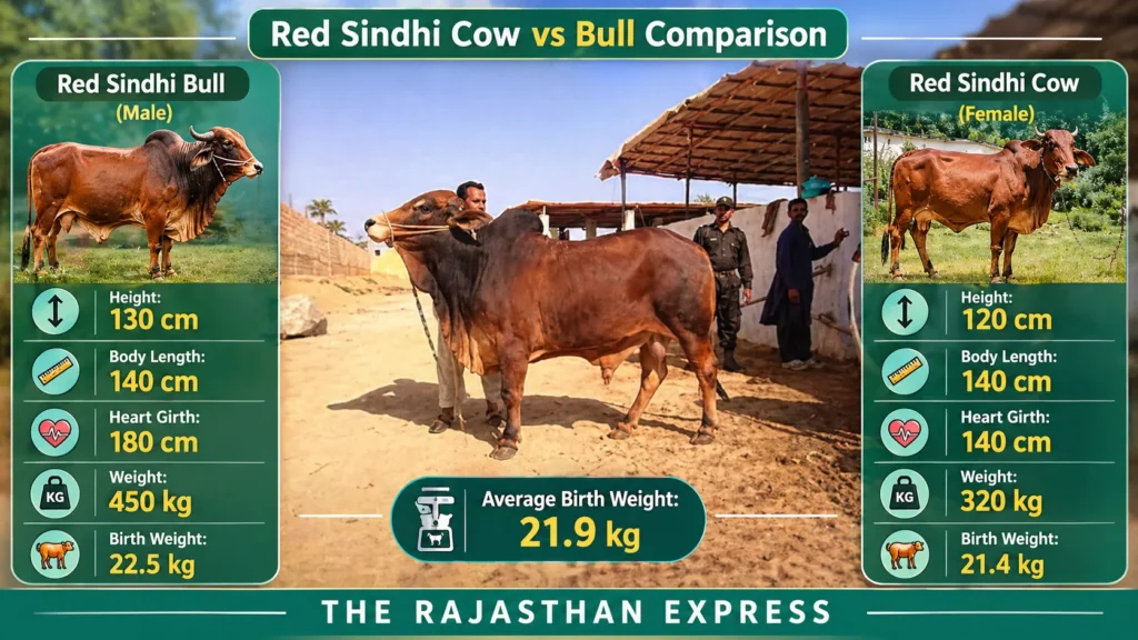 Side-by-side comparison of Red Sindhi bull and cow: bull height 130 cm, weight 450 kg, body length 140 cm, heart girth 180 cm, birth weight 22.5 kg; cow height 120 cm, weight 320 kg, body length 140 cm, heart girth 140 cm, birth weight 21.9 kg.