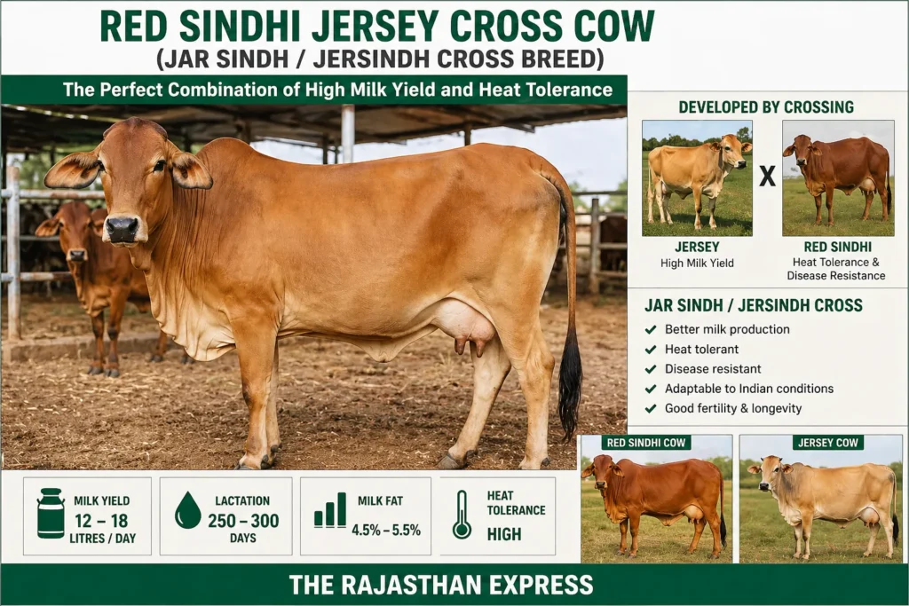 Infographic of Red Sindhi Jersey cross cow (Jar Sindh / Jersindh) developed by crossing Jersey (high milk yield) and Red Sindhi (heat tolerance, disease resistance). Milk yield 12-18 litres/day, lactation 250-300 days, milk fat 4.5-5.5%, high heat tolerance.