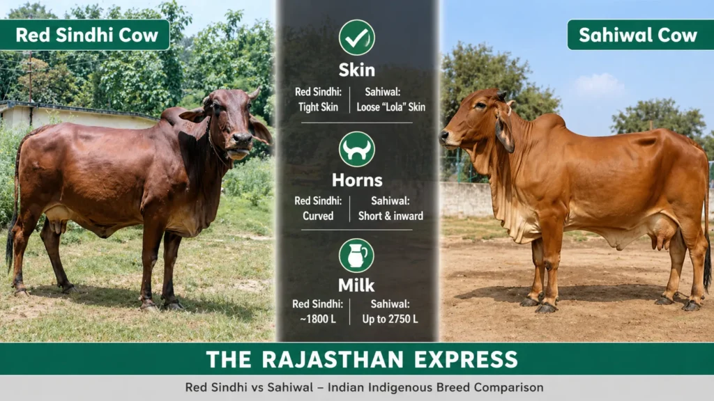Comparison between Red Sindhi and Sahiwal cows: Red Sindhi has tight skin, curved horns, ~1,800L milk per lactation; Sahiwal has loose “Lola” skin, short inward horns, up to 2,750L milk per lactation.