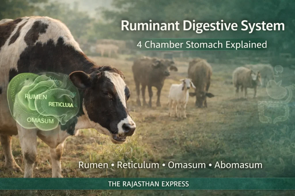 Ruminant digestive system diagram showing four-chamber stomach: rumen (fermentation), reticulum (honeycomb), omasum (folds), and abomasum (true stomach) for cattle, goat, and sheep.