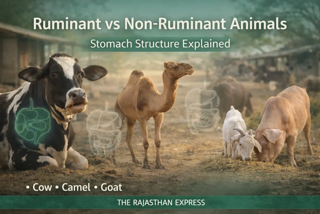 Comparison of ruminant vs non-ruminant animals showing stomach structure differences between cow, camel, goat (ruminants) and pig, horse, dog (non-ruminants).