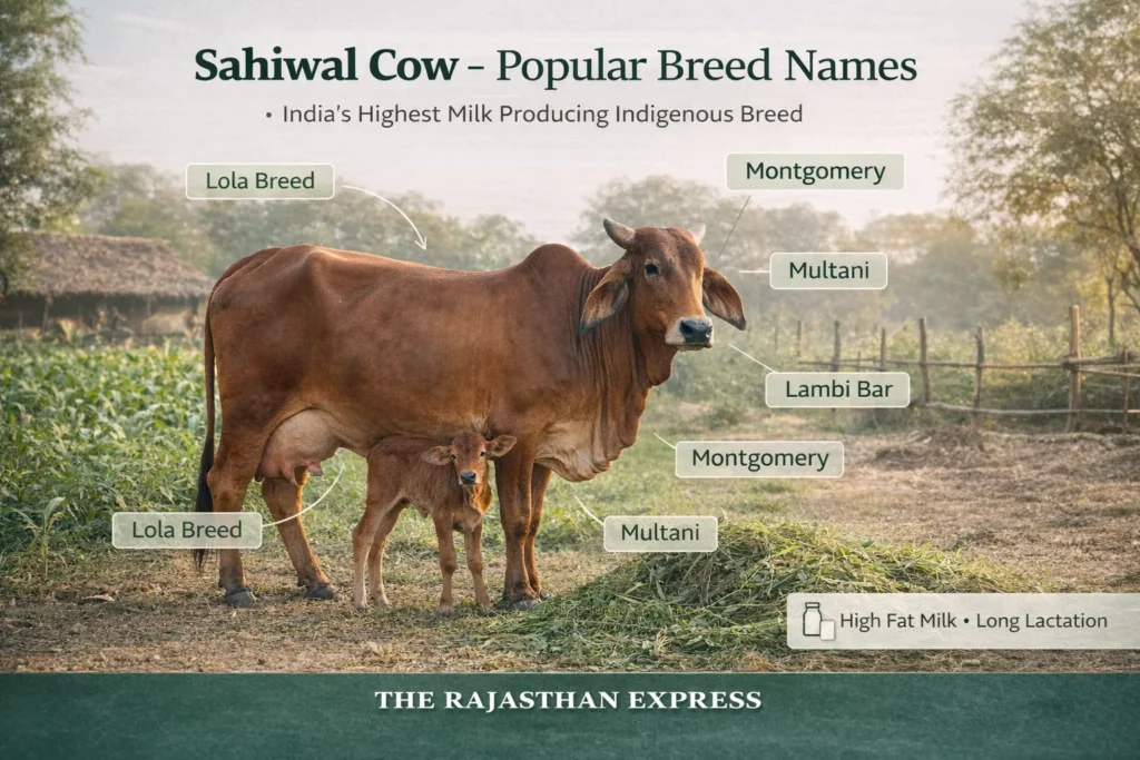 Sahiwal cow breed names showing Lola Breed, Montgomery, Multani, Lambi Bar – all refer to same high milk producing indigenous breed.