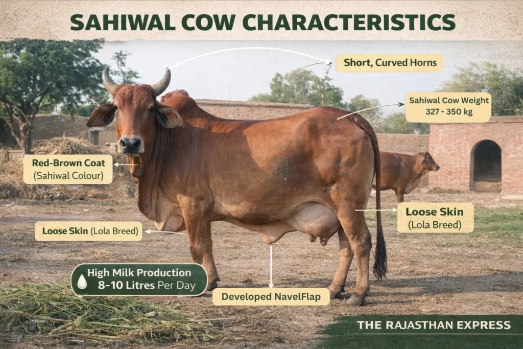 Infographic showing Sahiwal cow characteristics: weight 327-350 kg, red-brown coat colour, short curved horns, loose skin as Lola breed, high milk production 8-10 litres per day, and developed navel flap.