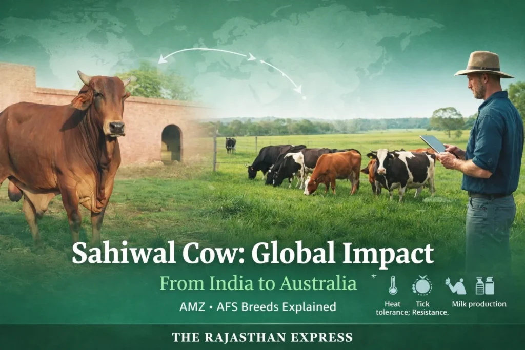 Sahiwal cow global impact map showing export from India to Australia, developing AMZ and AFS breeds for heat tolerance and tick resistance.