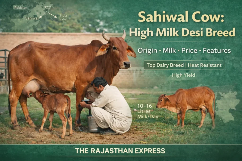 Sahiwal cow as high milk desi breed showing 10-16 litres milk per day, heat resistant, top dairy breed with origin in India and Pakistan.