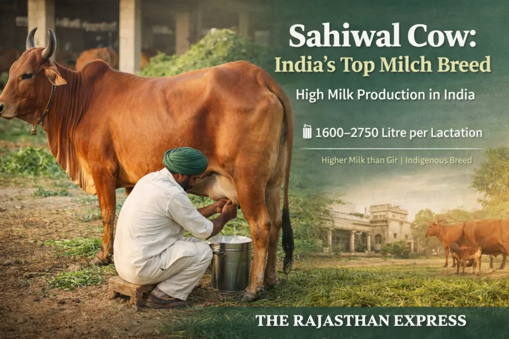 Sahiwal cow as India’s highest milk-producing indigenous breed showing 1600-2750 litres per lactation, higher milk than Gir.