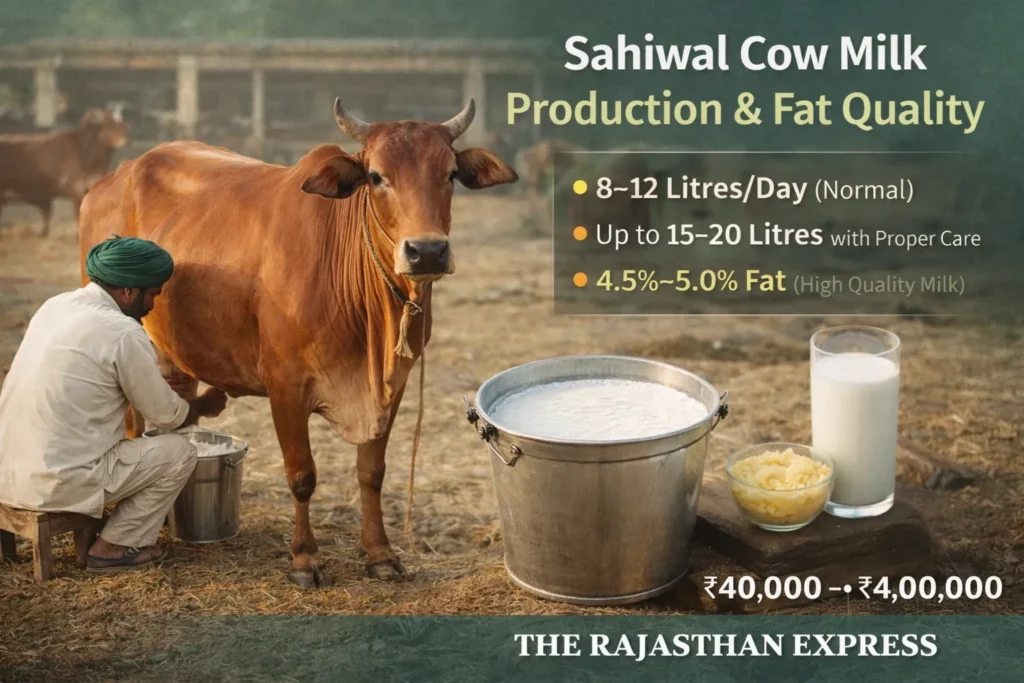Sahiwal cow milk production showing 8-12 litres per day normal, up to 15-20 litres with care, milk fat 4.5-5% high quality, price range 40,000 to 4,00,000 rupees.