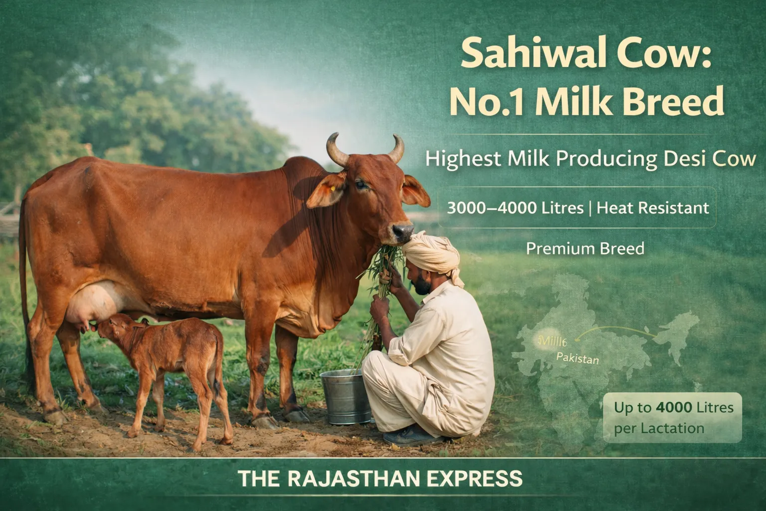 Sahiwal cow as number one milk breed producing 3000-4000 litres per lactation, highest milk producing desi cow with heat resistance.