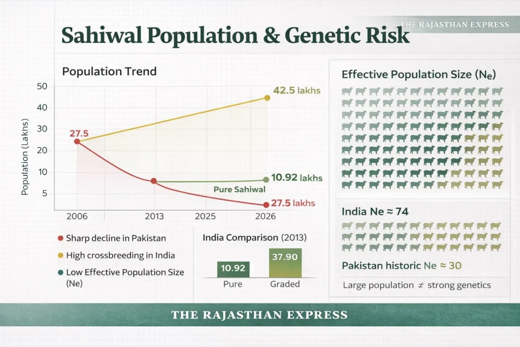 Graph showing Sahiwal cow population trend from 2006 to 2026 with 27.5 lakhs, 42.5 lakhs, 10.92 lakhs purebred, and effective population size Ne≈74 indicating genetic risk.