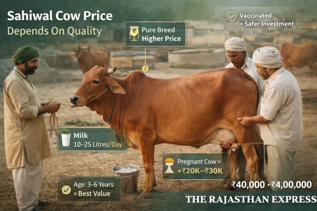 Sahiwal cow price factors infographic showing: vaccinated = safer investment, pure breed = higher price, milk 10-25 litres per day, pregnant cow adds 20-30K, age 3-6 years best value, price range 40,000 to 4,00,000 rupees.