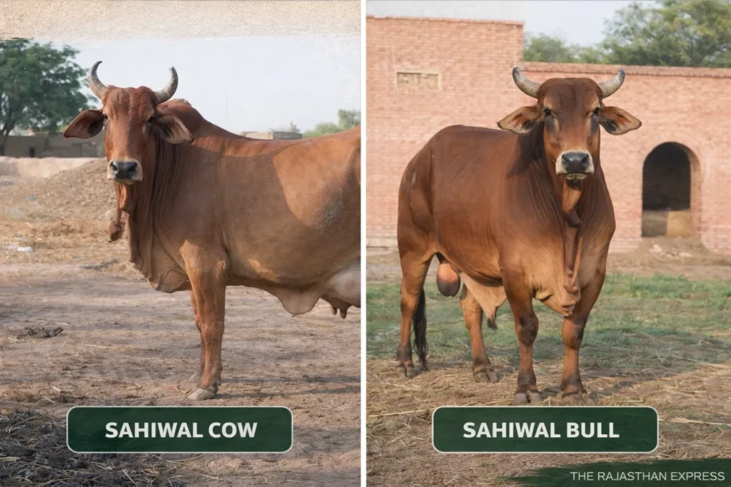 Comparison of Sahiwal cow and bull showing physical differences: cow with prominent udder, finer build; bull with heavier frame, thicker neck, larger hump.